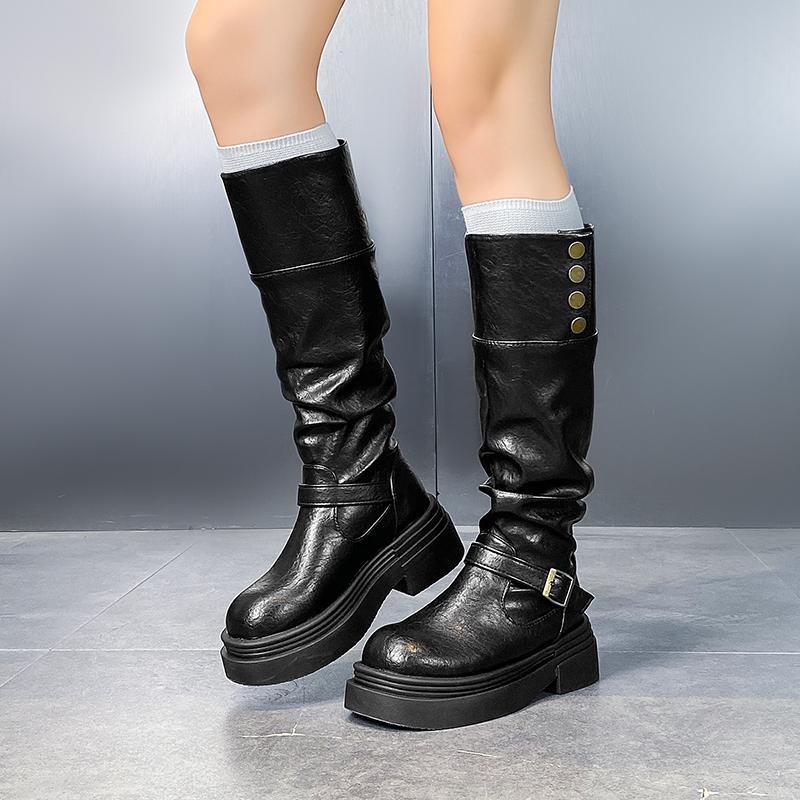 Studded Block Heel Cotton Boots Autumn New Round Toe Metal Belt Buckle Platform Anti-Slip Wear-Resistant Mid-Tube Boots