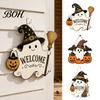 Wooden Welcome Sign Halloween Ghost for Front Door, Rustic Cartoon Hanging Party Decor Plaque with Pumpkin Wizard Hat And Broom Holiday Wall