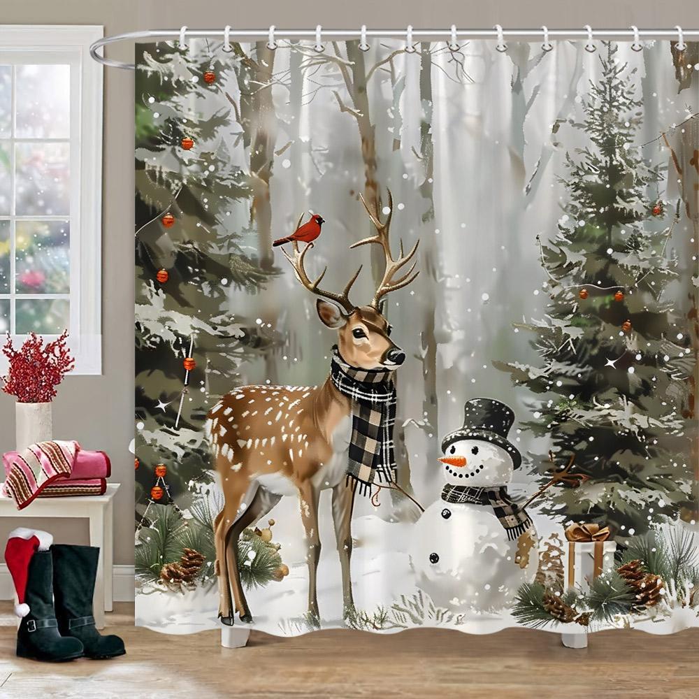 Christmas Printed Shower Curtain Cute Snowman Red Truck Christmas Tree Socks Gifts Winter Fabric Shower Curtains Bathroom Decor