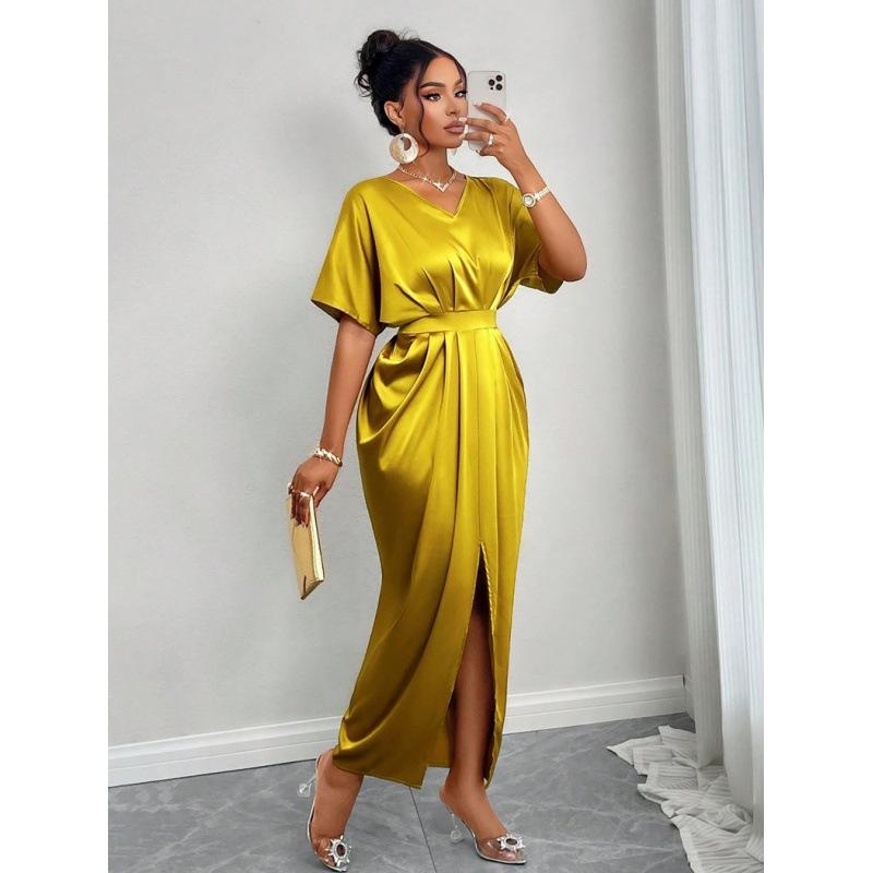 Women's early autumn new satin dress European and American ball dress satin waist dress