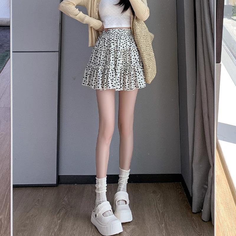 

Новая милая черная юбка А-силуэта с цветочным принтом для женщин - С высокой талией, стройнящая, для миниатюрных, идеально подходит для весны и осени 2XL (recommended 63-72 kg) грязно-белый