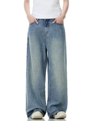 2000s Plus Size Vintage Wash Straight Leg Jeans Women Summer Fashion Design Wide Leg Casual Pants American Low Waist Loose Denim Trousers