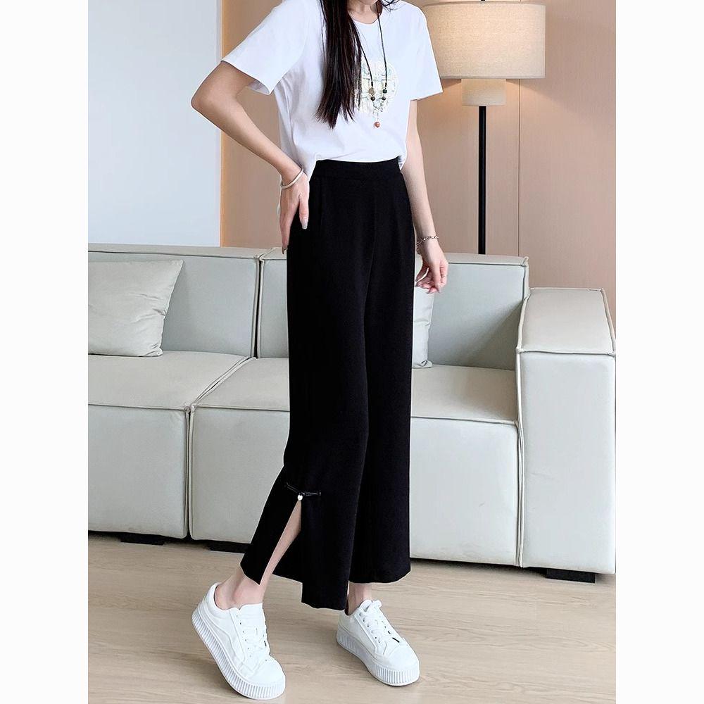 2026 Women's Chinese Style Wide-Leg Slit Pants - Summer, Loose, Slimming, Drape, Plus Size, Nine-Point Length