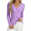 Women's Fashion Twisted V-Neck Slim T-Shirt Long Sleeve Pullover Solid Colour Top