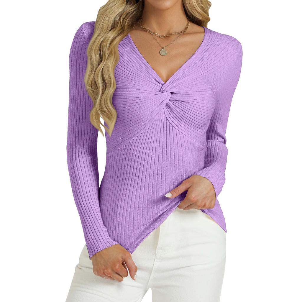 Women's Fashion Twisted V-Neck Slim T-Shirt Long Sleeve Pullover Solid Colour Top