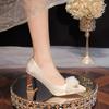 Satin Wedding Shoes Women's Champagne Xiuhe Wedding Dress Two Wear Bridal Shoes French Thick Heel Pointed High Heel Bridesmaid Dress Shoes
