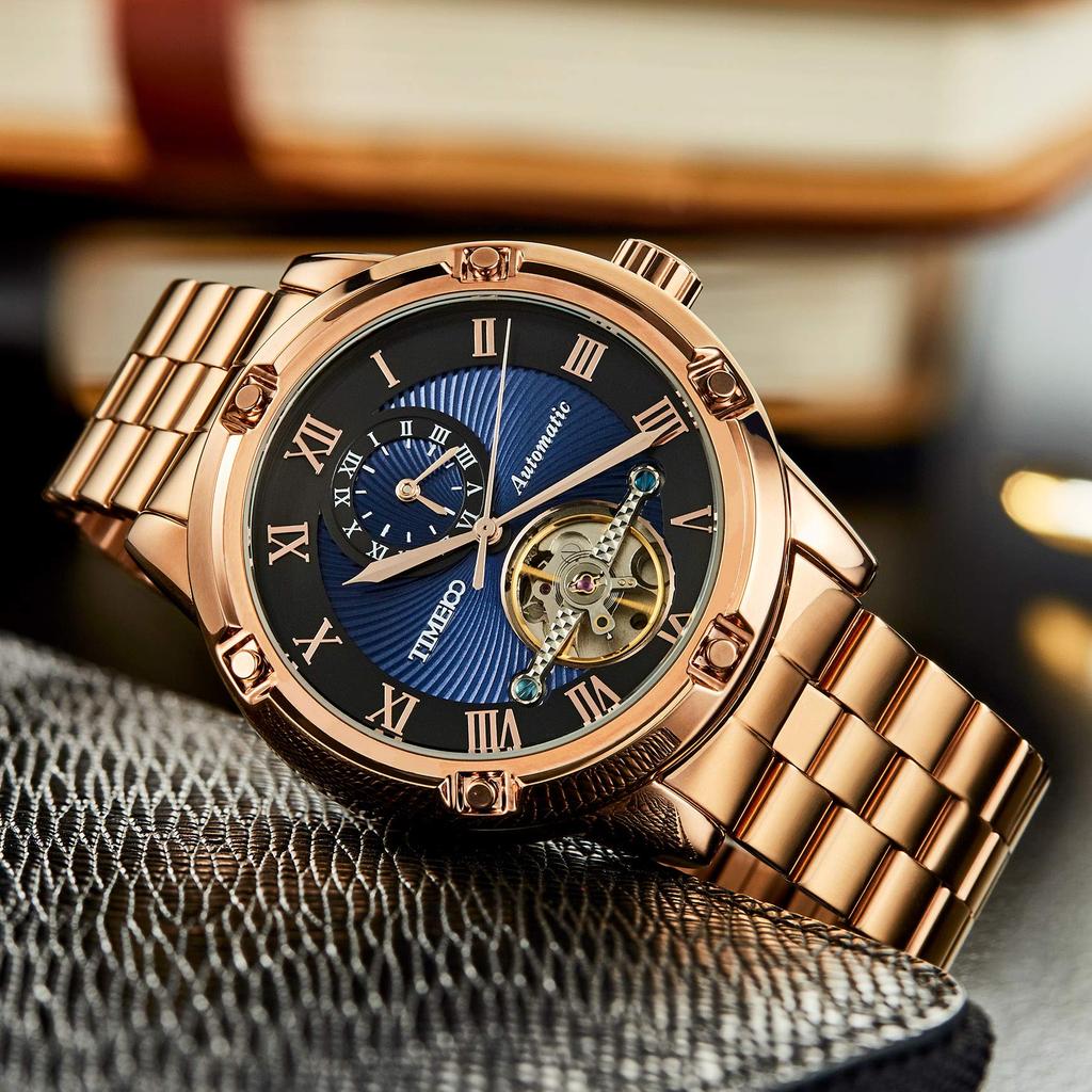 TIME100 Mechanical Watch with Stainless Steel Strap, Gold, for a Masculine, Adult, and Cute Style