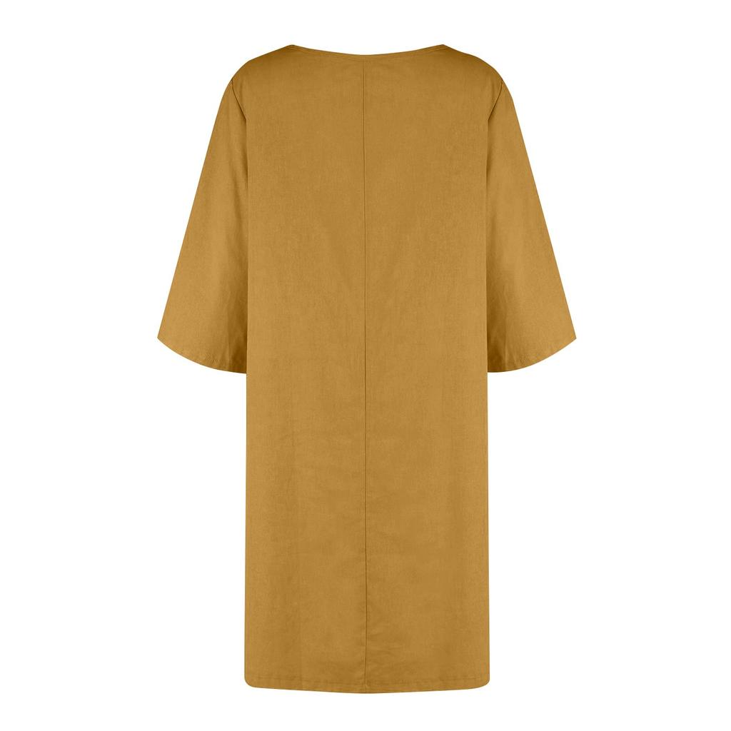 Dam Ny Sommar Sjuärmad Bomull Och Linne Liten V-ringning Patchwork Vintage Enfärgad Klänning