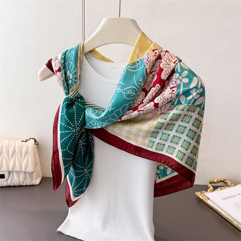 

Контрастная цветная вставка Атласный Имитация шелка Принт Большой квадратный платок Шелковый платок Шаль Головной платок Шарф для защиты шеи 90*90cm