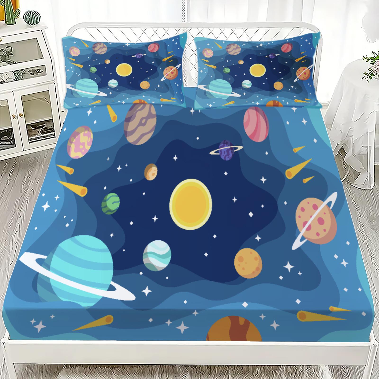 

3pcs Soft Playful Fitted Sheet Set 100%Polyester Space Planets Stars Galaxies Universe Printed Bed Sheet With 2Pillowcases 99x190x25cm