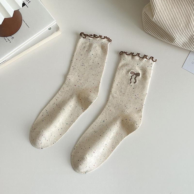 Women's autumn bowknot lace ruffle socks - dot pattern cotton long socks