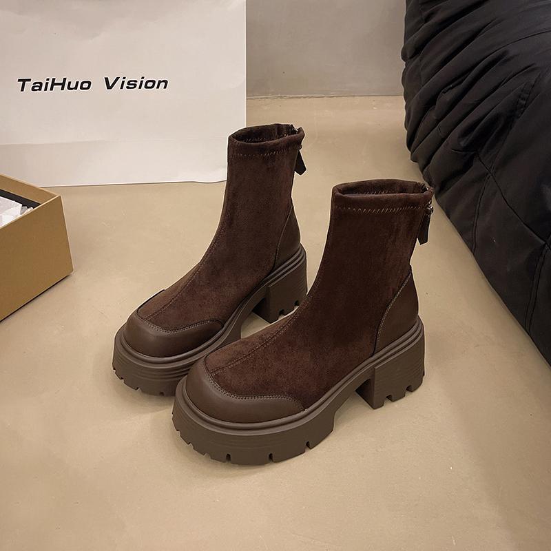 Designer Platform Winter Boots Women Zip Open Cozy Flock Ankle Booties Thick Bottom High Heels Botas Mujer Leather Botines
