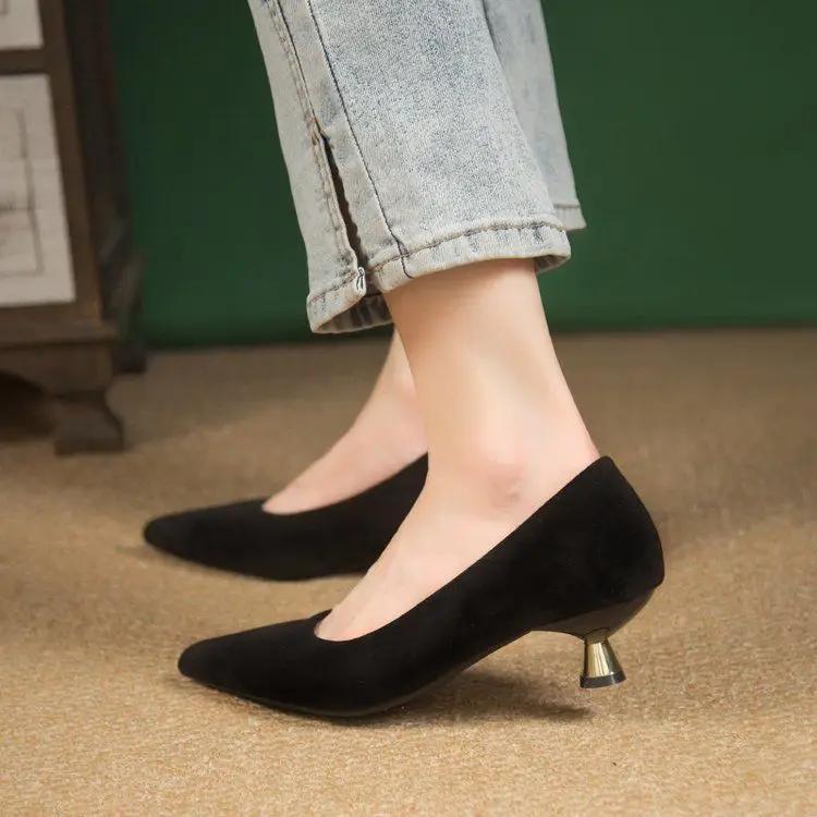 Fashion French Leopard-print Single Shoes Female Pointy Temperament Kitten with 2025 New Suede Mid-heel Pumps