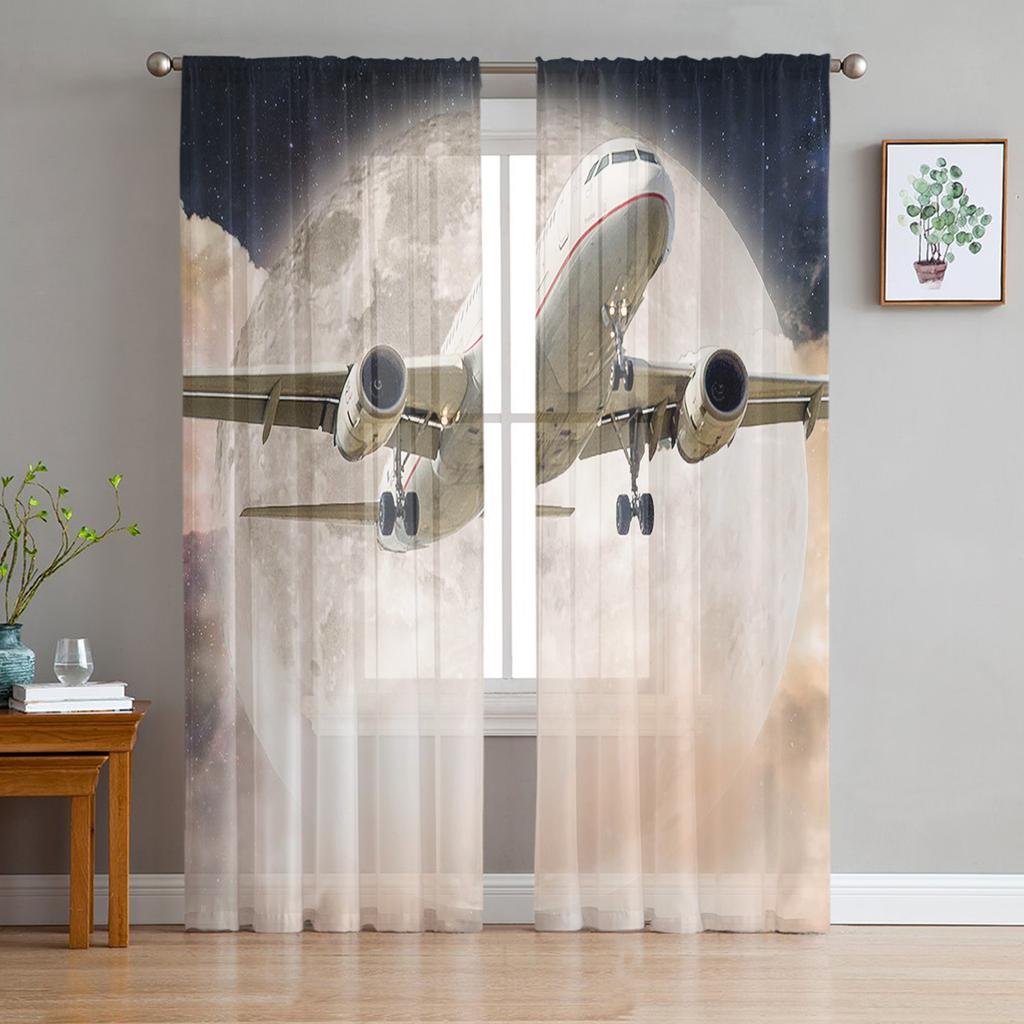 Flugzeug Sonnenuntergang Moderne Vorhänge für Wohnzimmer Transparente Tüllvorhänge Fensterschleier für das Schlafzimmer Zubehör Dekor