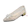 Fashion Bowtie Mesh Decor Low Heel Pumps Women Fashion Shiny Sequin Pointed Toe Banquet Dress Shoes Summer Comfort Breathable Loafers