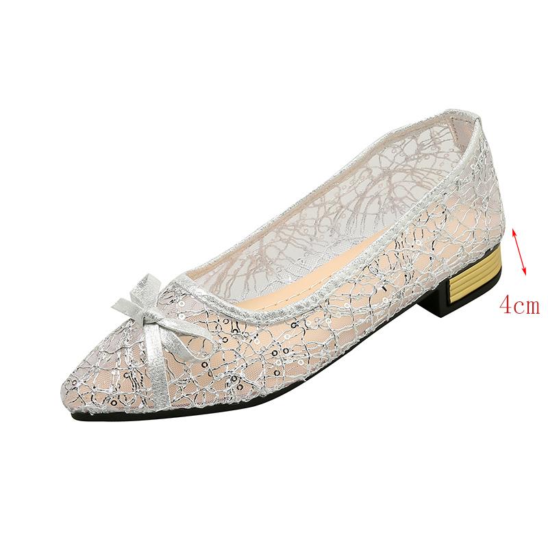Fashion Bowtie Mesh Decor Low Heel Pumps Women Fashion Shiny Sequin Pointed Toe Banquet Dress Shoes Summer Comfort Breathable Loafers