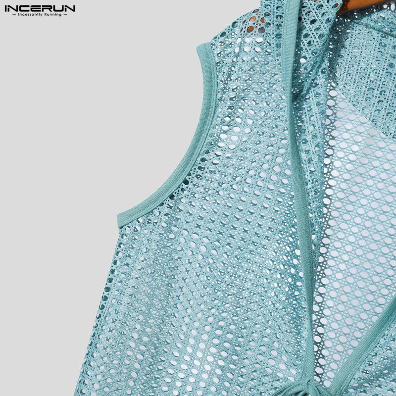 INCERUN Herren Mesh Durchsichtig Kapuzenweste Ärmellos Durchsichtig Strandurlaub Cardigan Tanktops