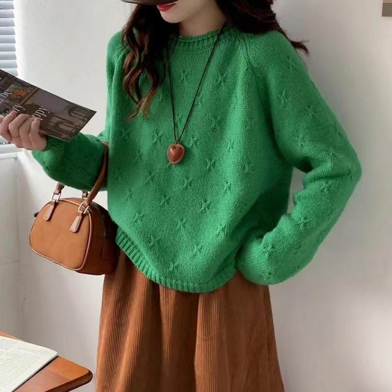 Shoulder sleeves simple small crochet pullover sweater women's crew neck curled edge autumn and winter new loose solid color knitted sweater