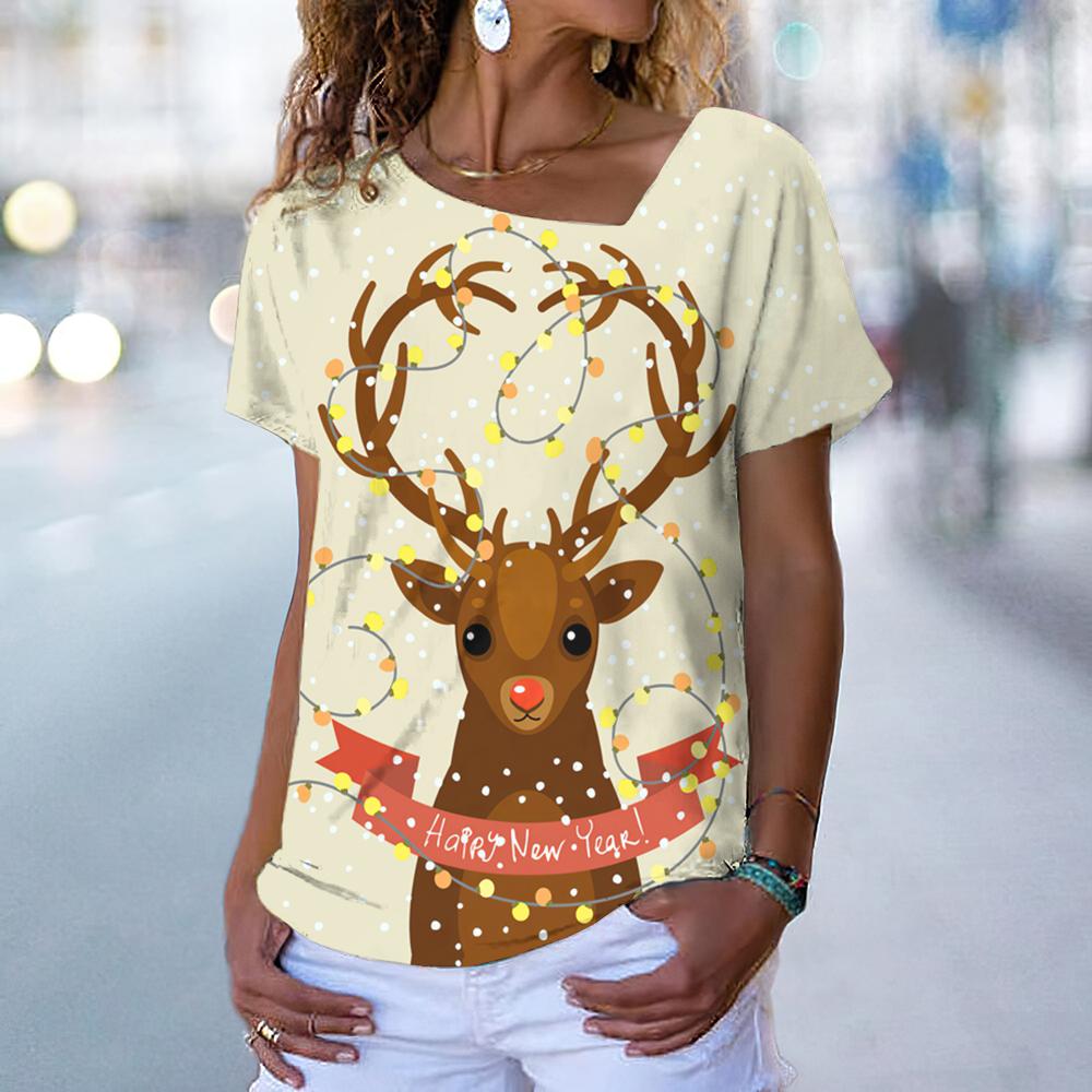 Christmas Elk Print Women's T-Shirt Kawaii Fashion Woman Clothing Oversized V-Neck Ladies Short Sleeve Tops Casual Pullover Tee
