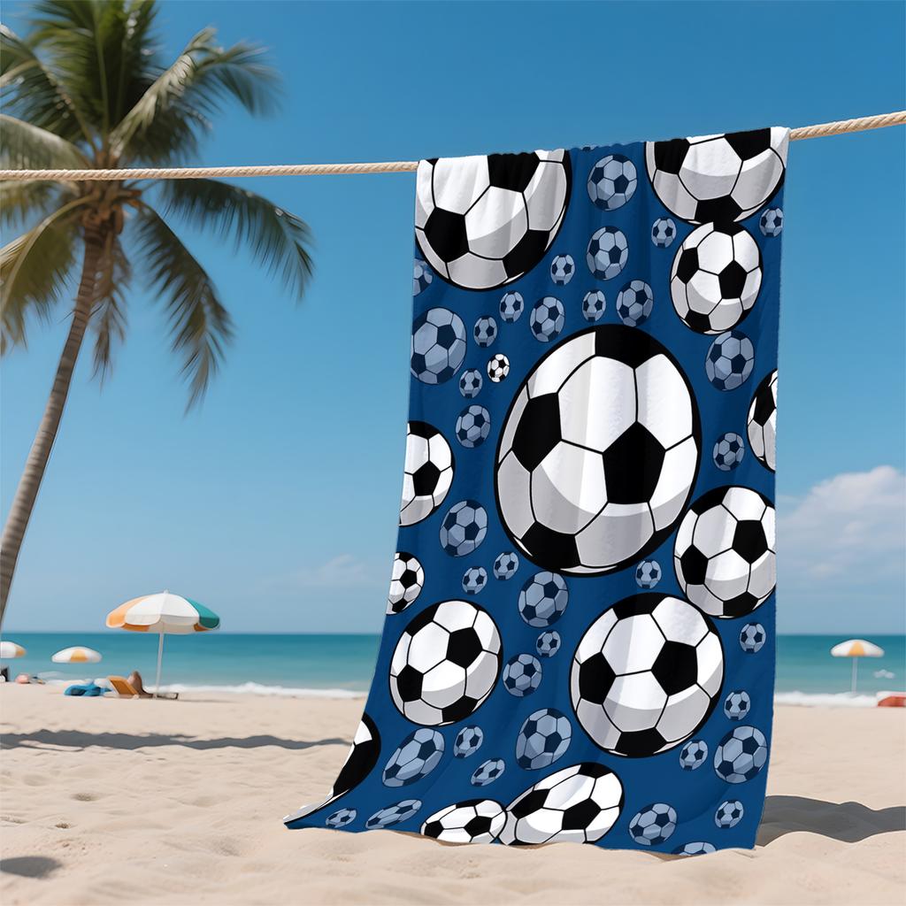 1pc Football Print Beach Towel-Dark Blue Background, Classic Black & White Pattern, Quick Drying Microfiber, Ideal for Travel