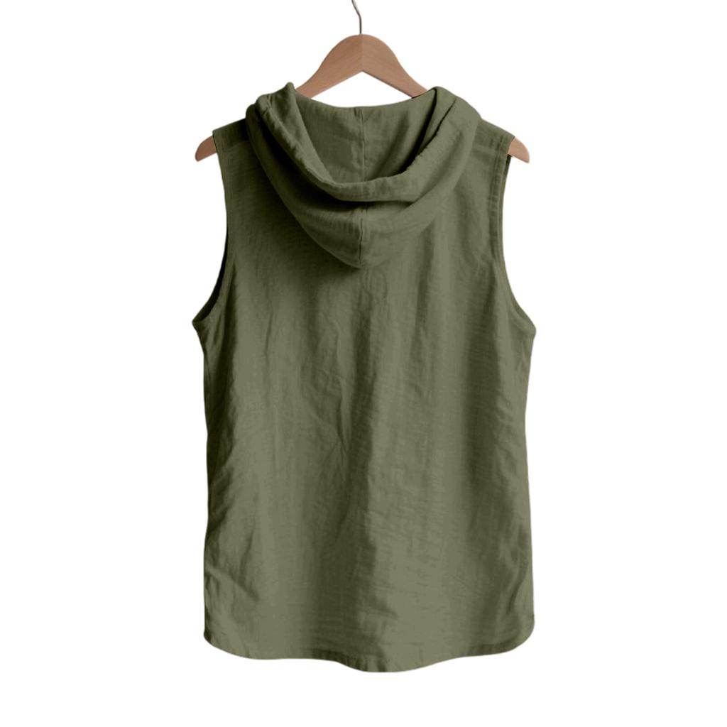 Mens Sleeveless Linen Hooded Shirt Button Down Breathable Relaxed Fit Casual Vest Top Lightweight Summer Apparel
