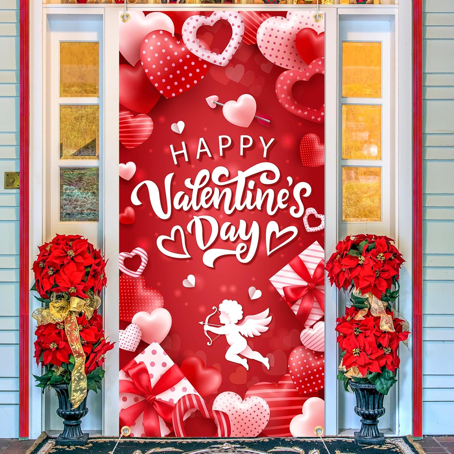 Valentines Day Door Cover,Valentine Day Door Decorations Red and Pink Heart Valentines Day Door Banners for Valentine Party Front Door Decorations