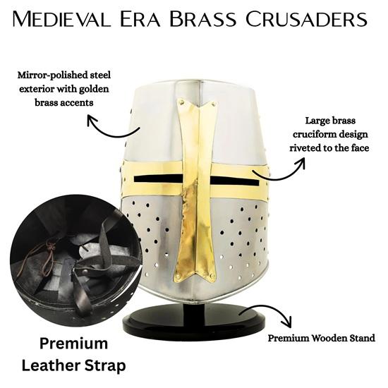 Medieval Templar Knight Crusader Brass Cross Helmet Armor Handmade Steel Collectible Cosplay, Decoration