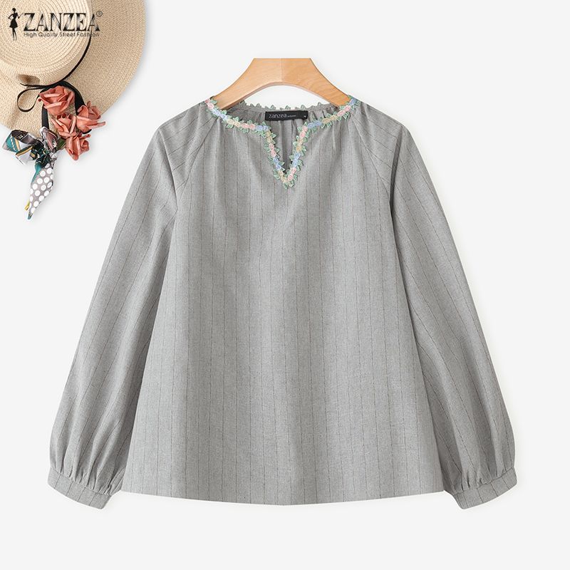 ZANZEA Women Splice V-Neck Loose Casual Long Sleeve Blouse