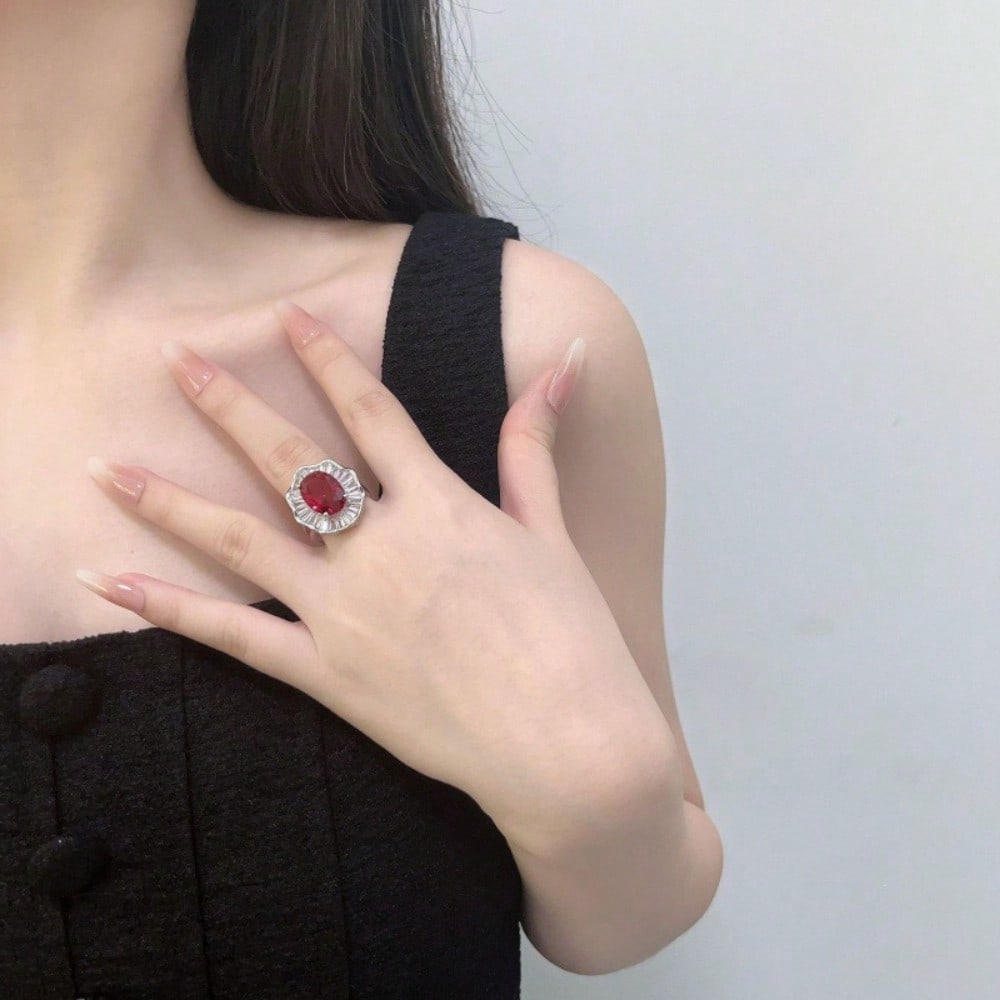European and American Temperament High-end Stone-inlaid Red Exaggerated Ring Classic Versatile Index Finger Ring Women's Model