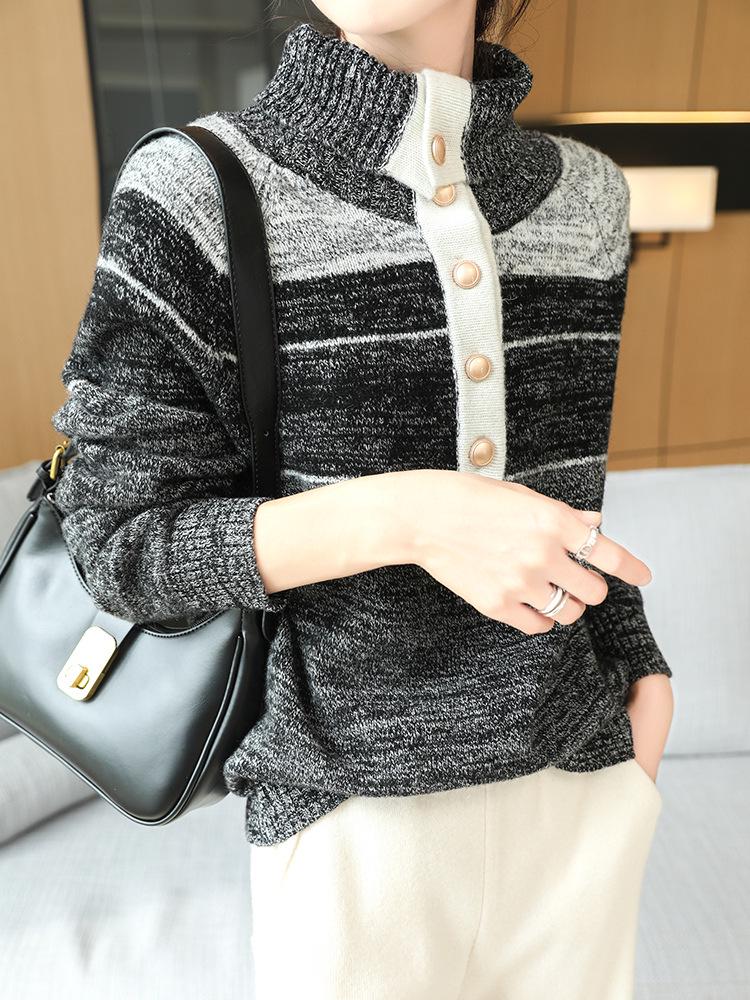 2025 Autumn/Winter Women's Elegant Soft Wool Lapel Sweater - 3-Ply Thick, Loose Fit, Slimming Design