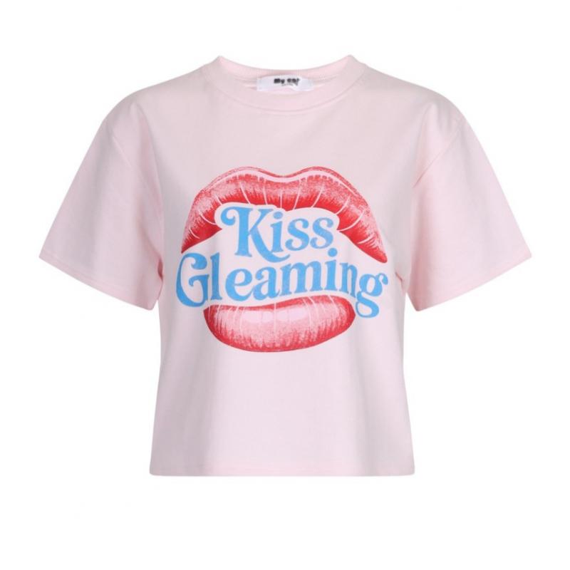 Shop Women Round Neck Rib Kiss Semi Crop CoTTon T shirT whiTe Myc Wsh260018
