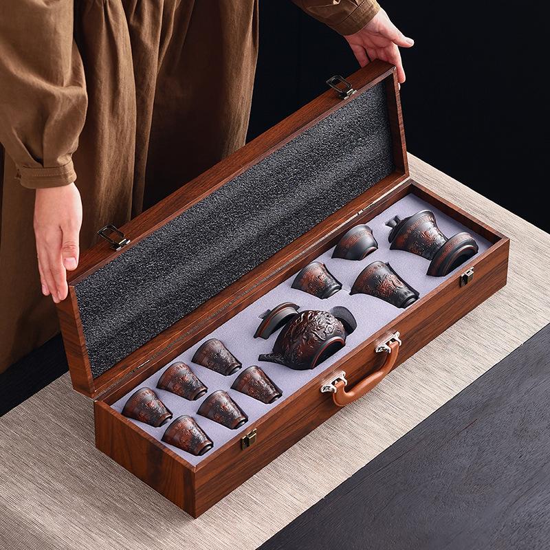 Embossed purple pottery kung fu tea set, gifts for leading customers, high-end gifts for business companies