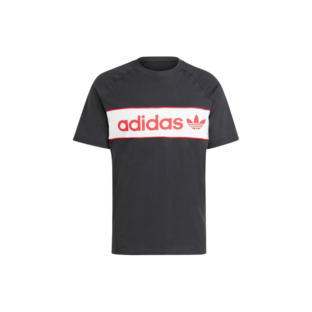 adidas Originály Barevný blok Písmenné logo Potisk Kulatý výstřih Krátký rukáv Tričko Pánská trička Černá IS1404