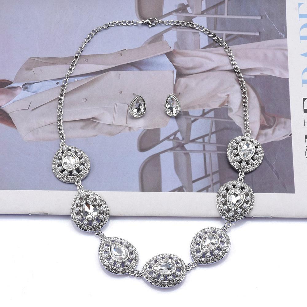 Exaggerated Color Diamond-Set Pearl Jewelry Set Luxury Dinner Temperament Rhinestone Necklace Water Drop Earrings