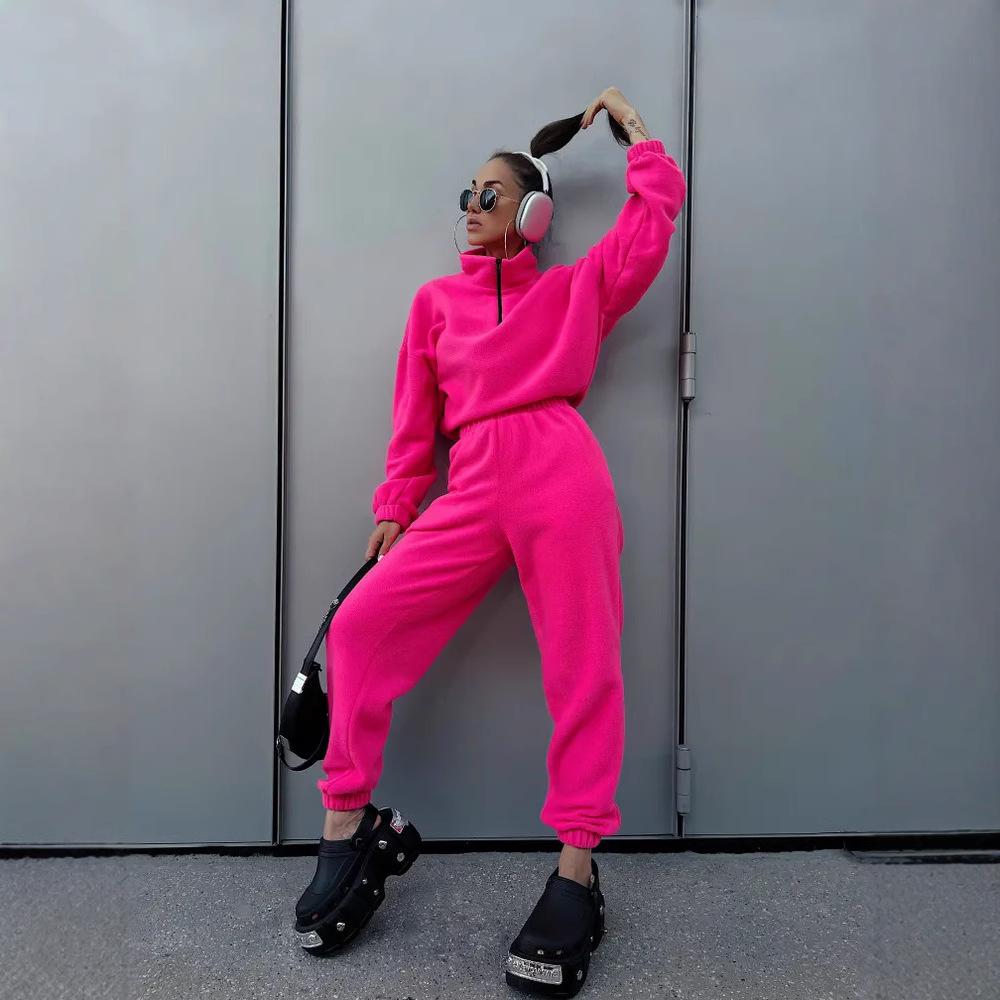 New European and American casual women's set, solid color long-sleeve, zip-up collar, waist-cinching sweatshirt, two-piece tie pants set