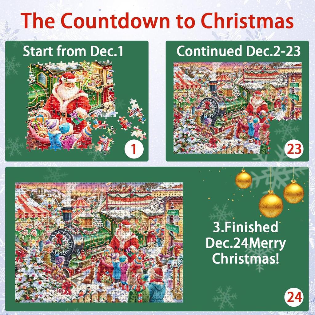 Advent Calendar Christmas Jigsaw Game - Santa Claus, 24 Parts 1000 Piece Advent Calendar Puzzle, Great Christmas Countdow