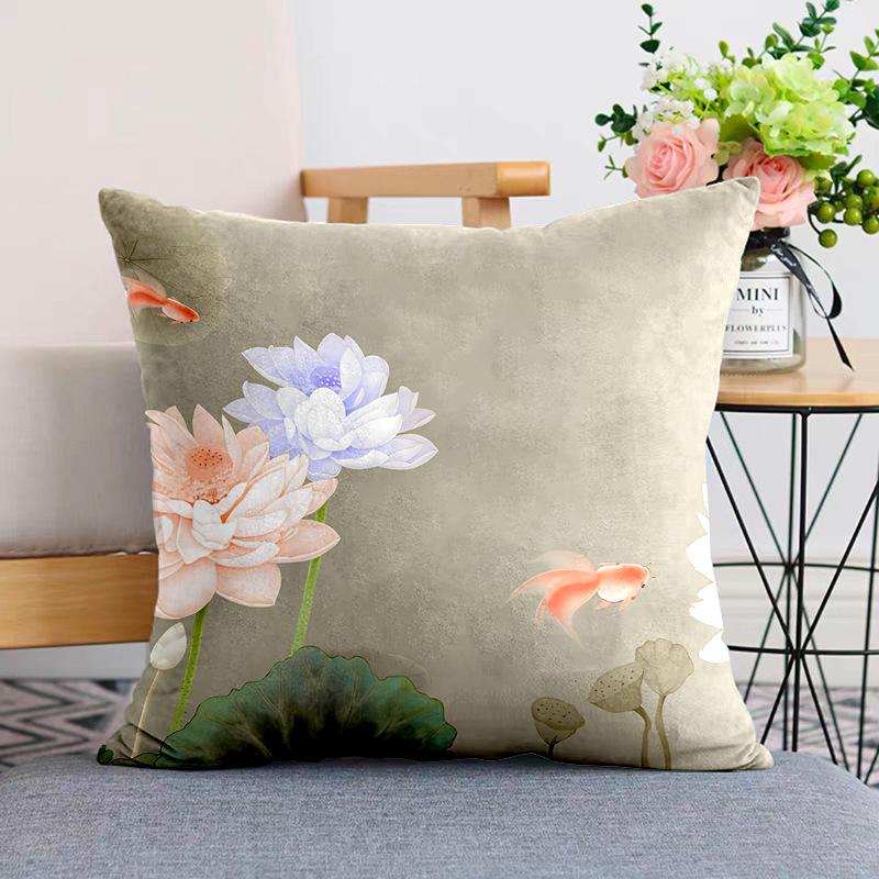 New Chinese Style Pillow Cushion Chinese Style Pillow Case Sofa Living Room Beige Lotus Zen Plush Back Pillow Case