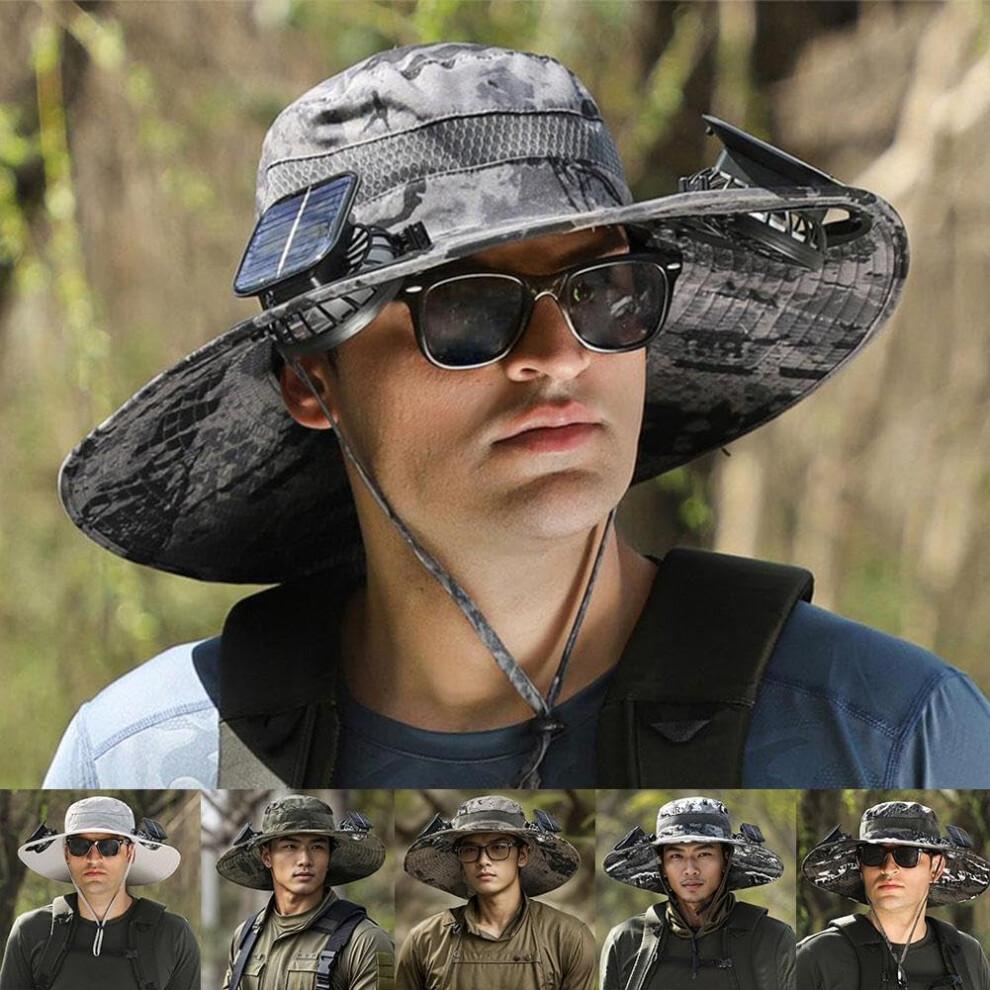 Wide Brim Solar Fan Outdoor Fishing Hat,   SolarUSB Charging Men Sun Hat With 2 Solar Fan UPF 50 Solar Fan Hat
