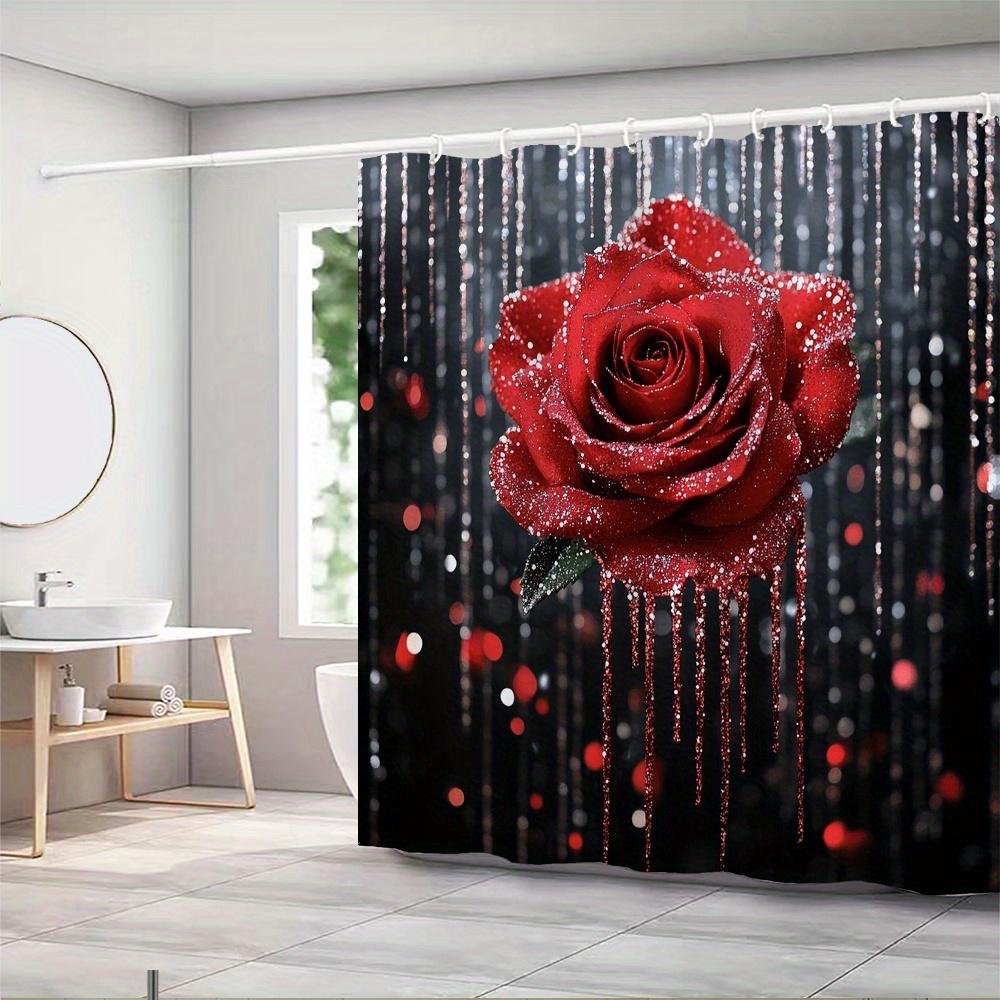 Red Rose with Glitter Drips Waterproof Mildew-Resistant Shower Curtain -Romantic Design for a Stunning Bathroom Décor Experience
