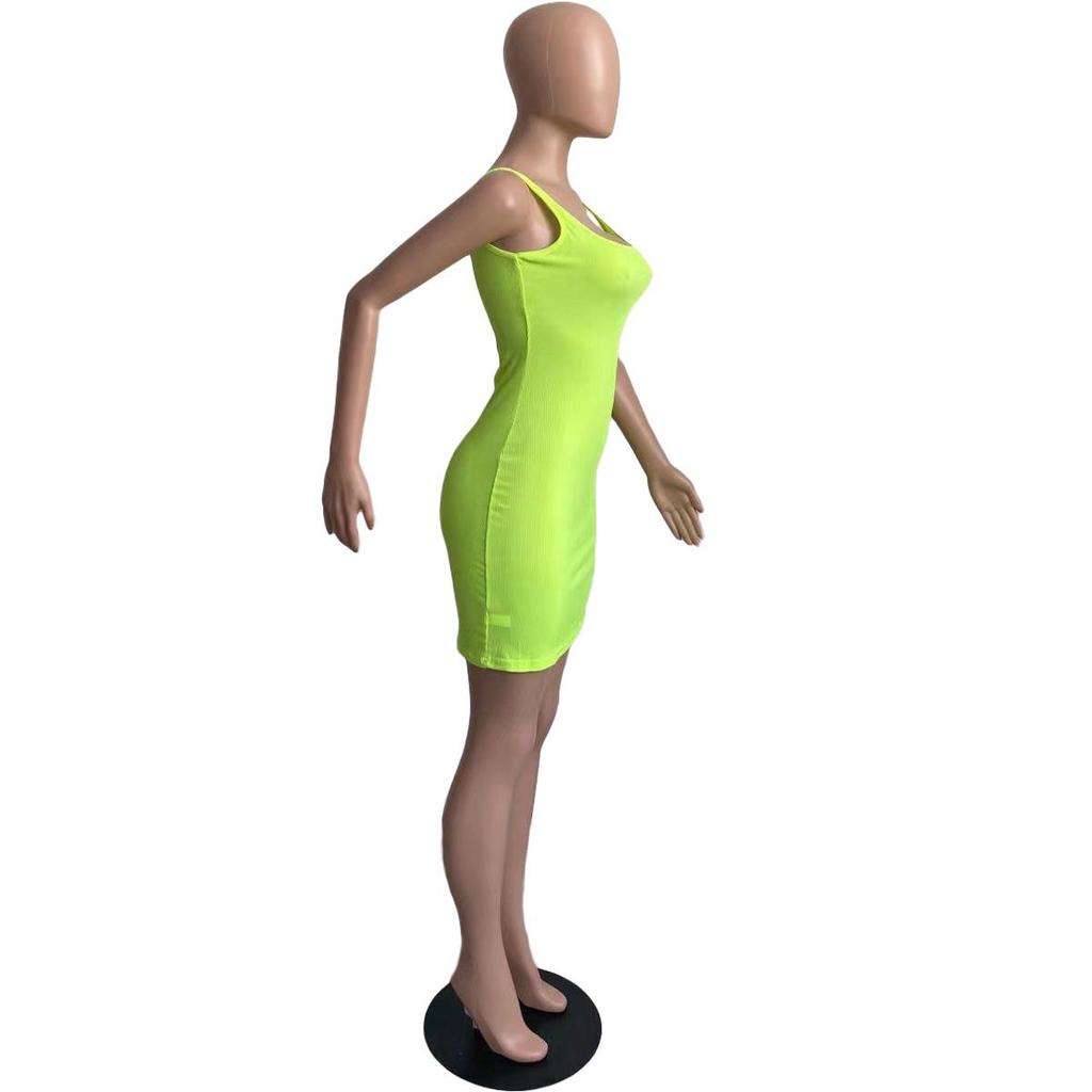European & American Style Women's Solid Color U-Neck Dungaree Suspender Dress