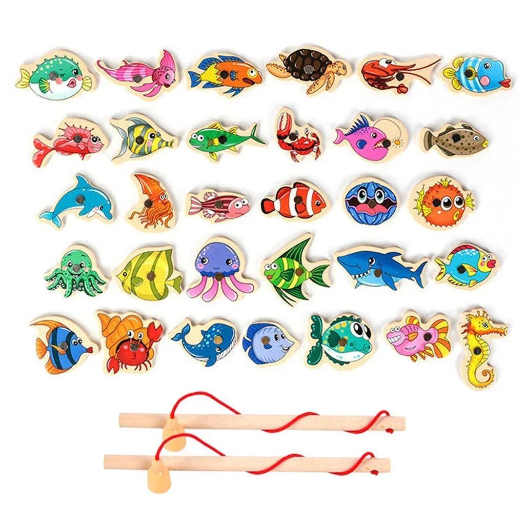1Bag Wooden Magnetic Fishing Game Set Cartoon Sea Life Fishing Rod Educational Toys For Kids Gift