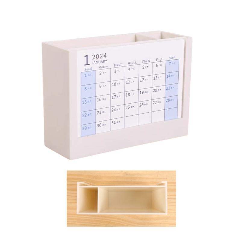 Multifunctional Desk Pencil Holder with 2024 Monthly Calendar, Office Desktop Organizer Pen Holder for Student Teacher