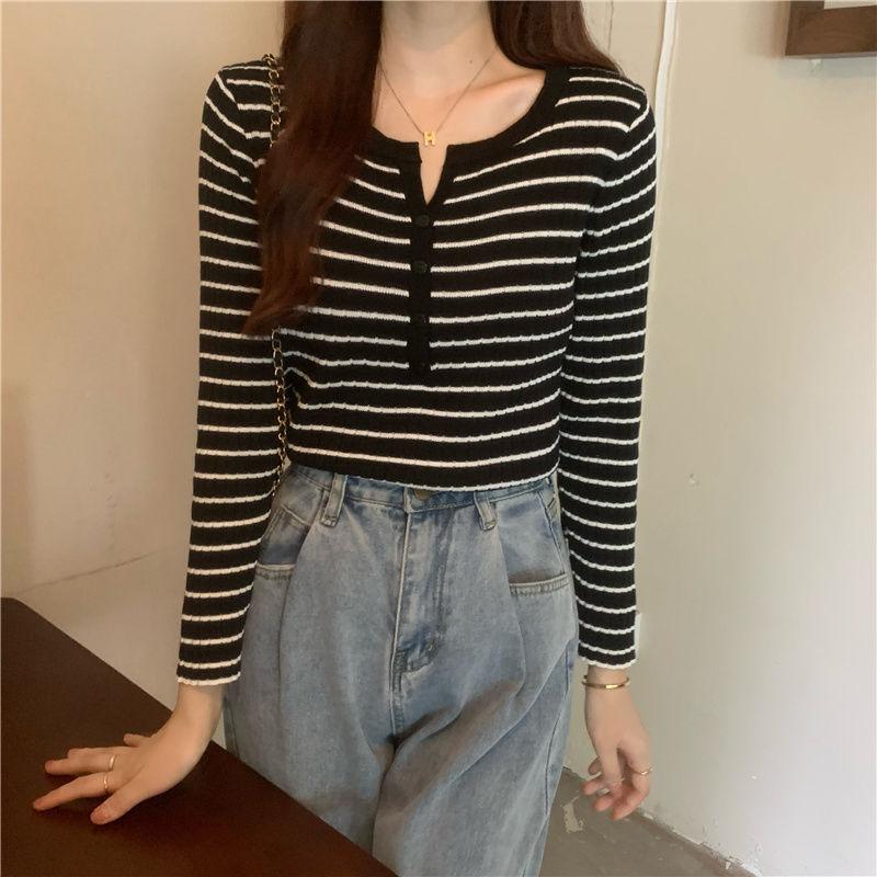 Versatile Striped Long Sleeve Knitwear Women's Early Autumn Winter Thin Loose Outerwear Base Layer Top