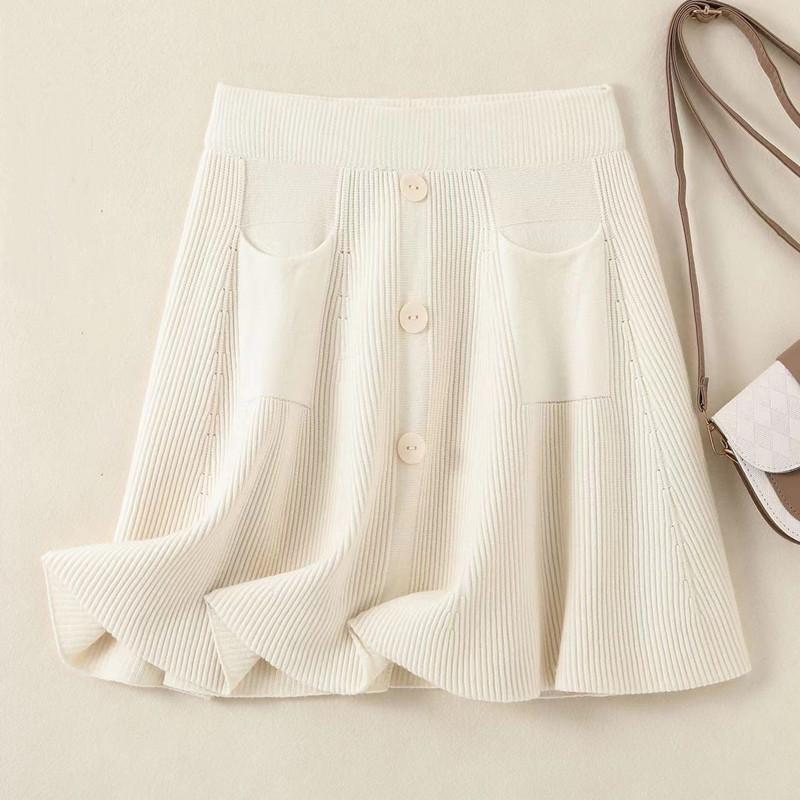 Damen Plus Size Koreanischer Stil Hohe Taille Elastischer Strick A-Linie Kurzer Rock - Schlankmachendes Design mit Strukturierter Oberfläche