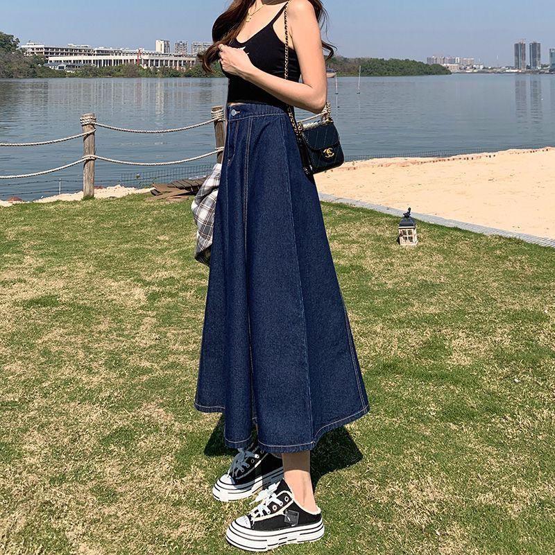 Spring Autumn Women's Fashion High Waist Casual Denim Skirt Mid-length A-line Skirt
