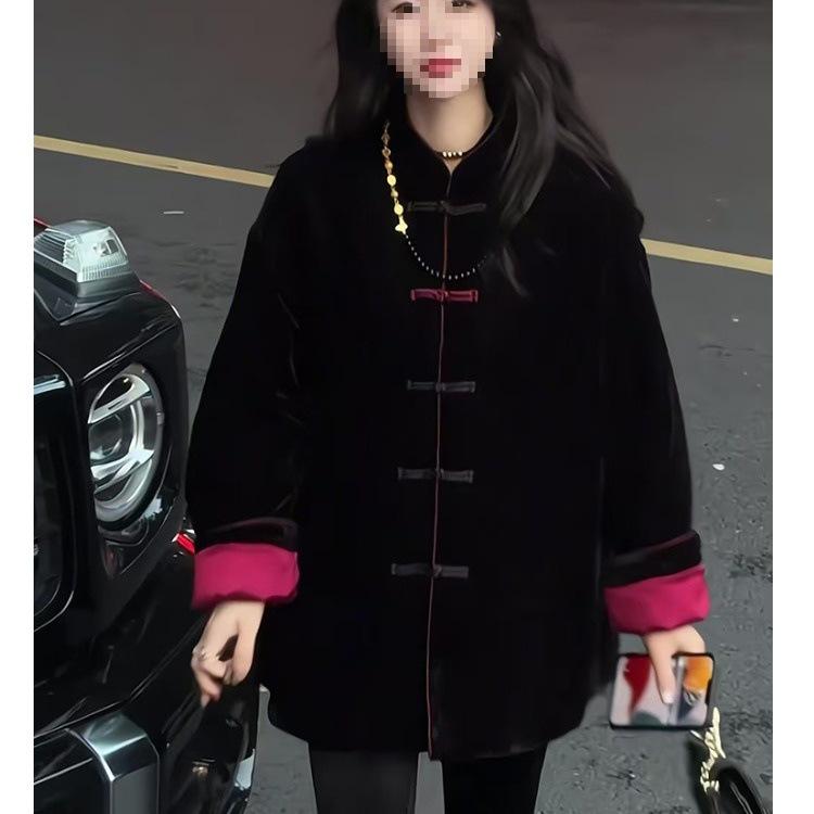 Palton de bumbac lejer în stil chinezesc pentru femei - Toamnă & Iarnă, Gros, Mărime mare, Cu nasturi