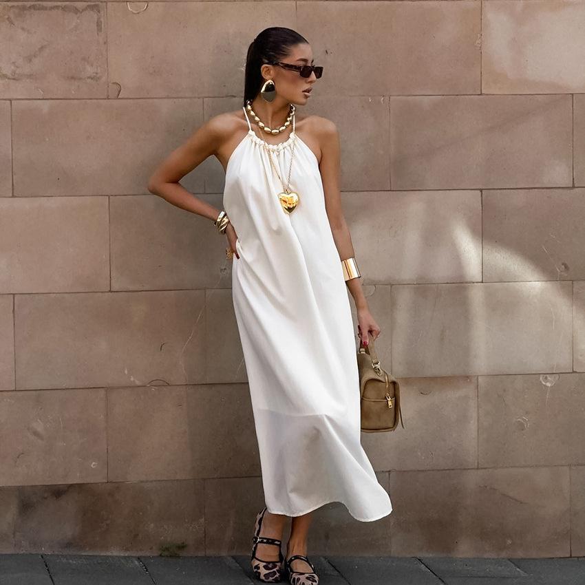 Summer French vacation loose white neck dress women's niche A-shaped skirt long dress women's clothing