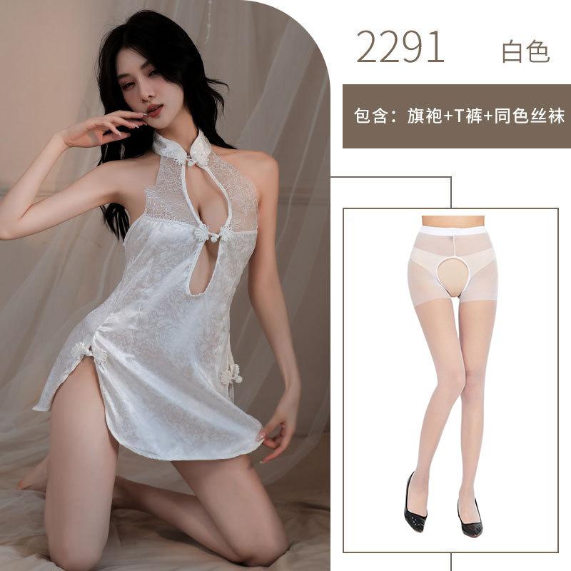 Sexy Retro Cheongsam Free Sex Underwear Women's Side Split Mesh Transparent Lace Large Size Uniform Temptation