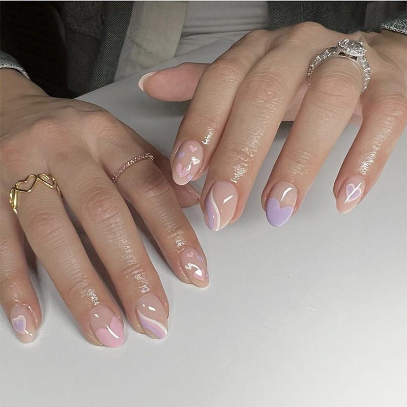 Short Stiletto Press-On Nails With Heart Design Pastel Purple Women Sweet Minimalist Nail Art Kit Gel Nail