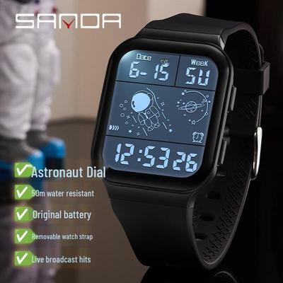 Sanda Multifunktionale Digitale Quadratische Uhr für Herren & Damen - Astronaut Studenten Edition